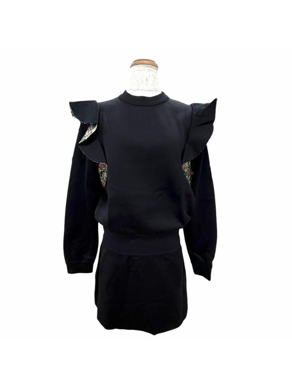 Louis Vuitton Flower Print Ruffle Sweatshirt Dress Long Sleeve Black XS